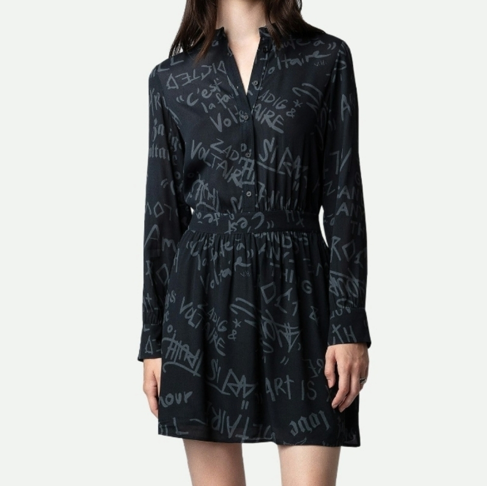 Zadig & Boltaire Refla Crepe Manifest Black Graffiti Shirt Dress Size Small